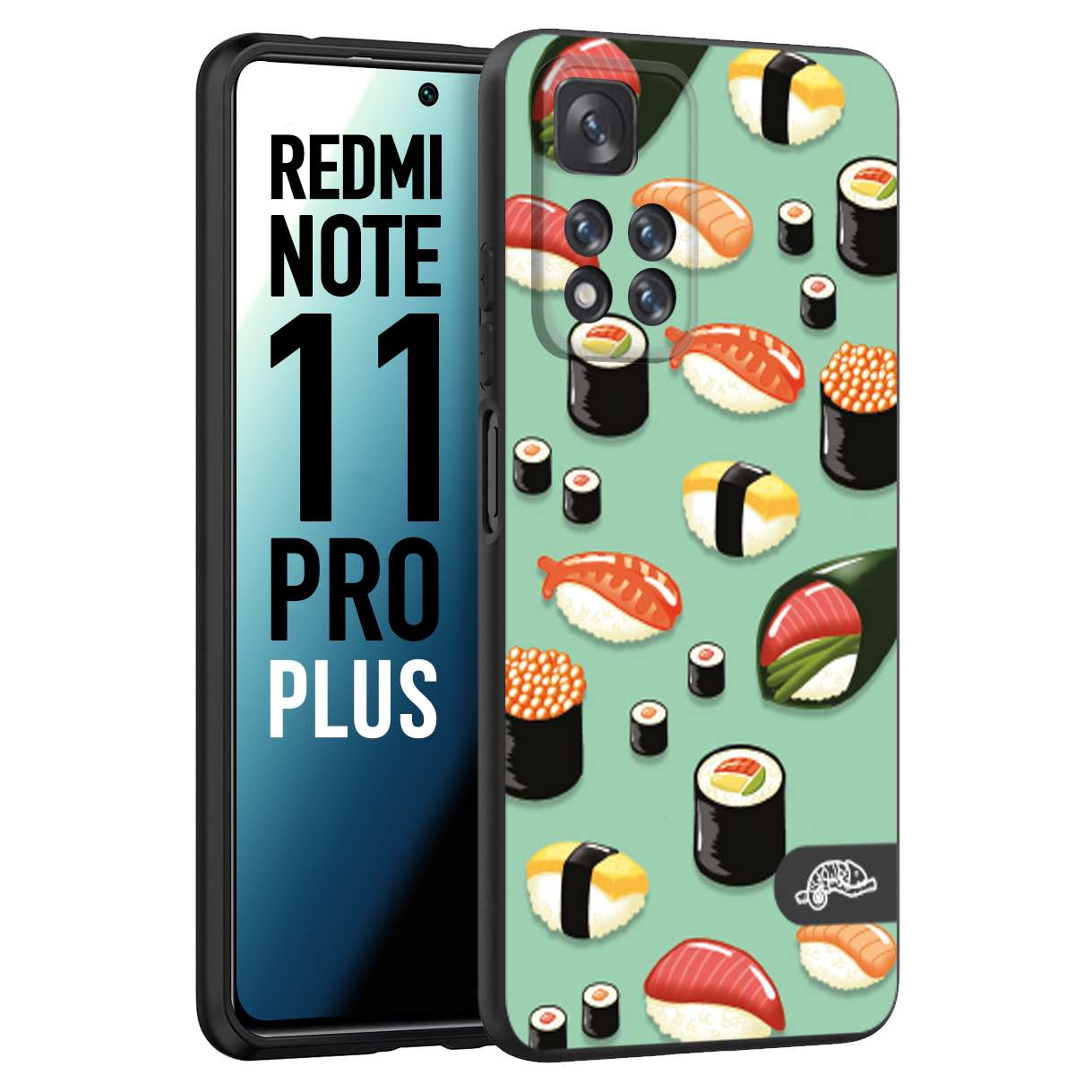 CUSTOMIZZA - Custodia cover nera morbida in tpu compatibile per Xiaomi Redmi Note 11 PRO PLUS sushi disegni giapponese nighiri acquamarina verde