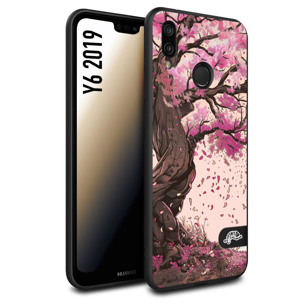 CUSTOMIZZA - Custodia cover nera morbida in tpu compatibile per Huawei Y6 2019 giapponese colori morbidi fiori di ciliegio rosa disegnata