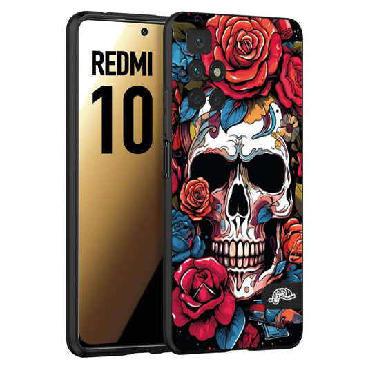 CUSTOMIZZA - Custodia cover nera morbida in tpu compatibile per Xiaomi Redmi 10 teschio skull flowers fiori rose rosse tattoo disegnato