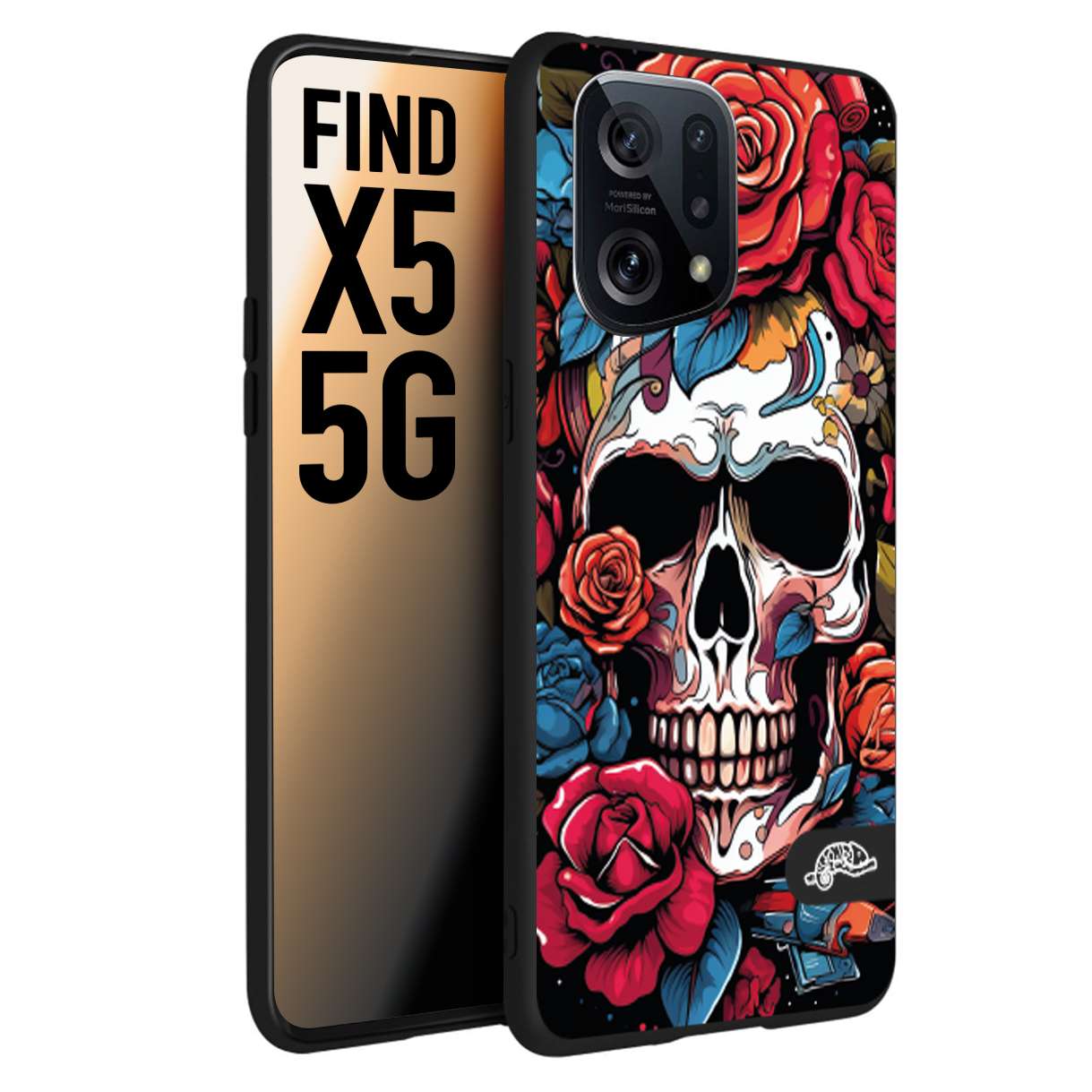 CUSTOMIZZA - Custodia cover nera morbida in tpu compatibile per Oppo Find X5 teschio skull flowers fiori rose rosse tattoo disegnato