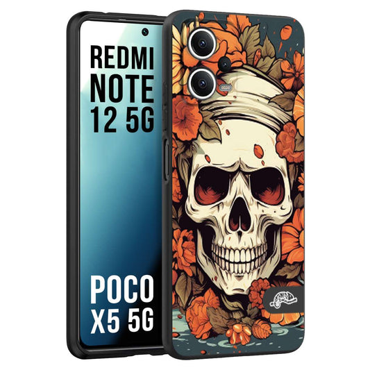 CUSTOMIZZA - Custodia cover nera morbida in tpu compatibile per Xiaomi Redmi Note 12 - POCO X5 5G teschio skull flowers fiori tattoo disegnato alta definizione