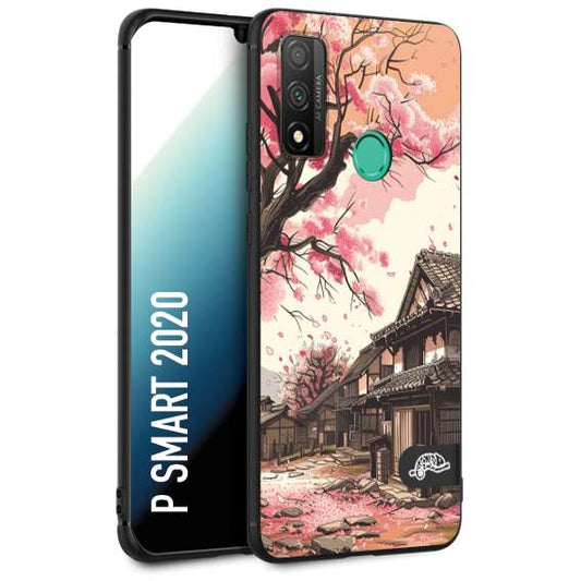 CUSTOMIZZA - Custodia cover nera morbida in tpu compatibile per Huawei P Smart 2020 casa giapponese rosa ciliegio in fiore disegnata tattoo