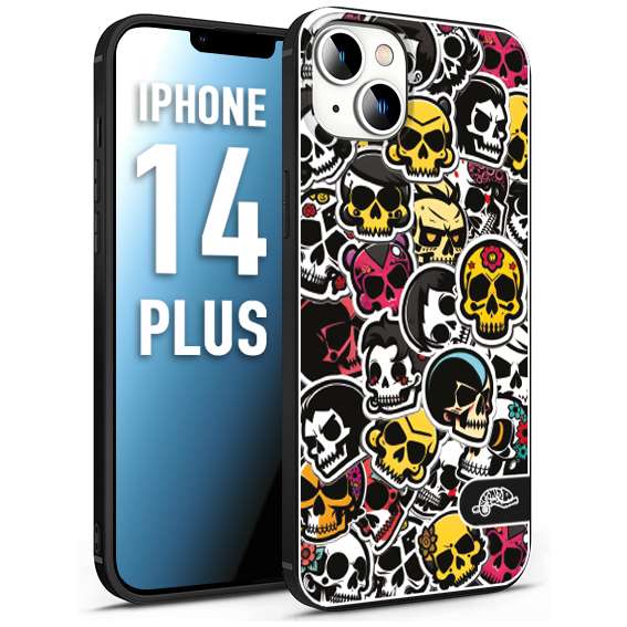 CUSTOMIZZA - Custodia cover nera morbida in tpu compatibile per iPhone 14 PLUS sticker bomb teschi colorati adesivi skulls skater snowboard