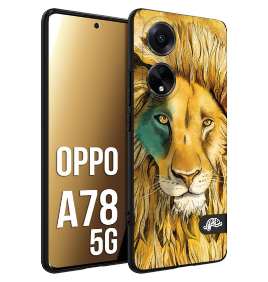 CUSTOMIZZA - Custodia cover nera morbida in tpu compatibile per Oppo A78 5G leone lion disegnato a mano giallo blu a rilievo artistico brown