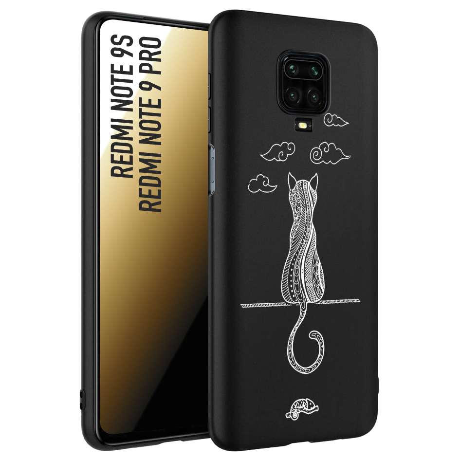 CUSTOMIZZA - Custodia cover nera morbida in tpu compatibile per Xiaomi Redmi Note 9S - Note 9 PRO gatto mandala stilizzato gattino a rilievo soft touch donna bianca