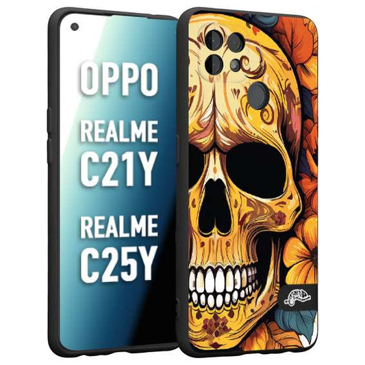 CUSTOMIZZA - Custodia cover nera morbida in tpu compatibile per Oppo Realme C21Y - C25Y teschio messicano colorato dorato fiori autunnali disegnato