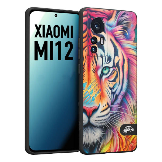 CUSTOMIZZA - Custodia cover nera morbida in tpu compatibile per Xiaomi 12 5G animali color tigre tiger viso colori vibranti disegnato schizzo