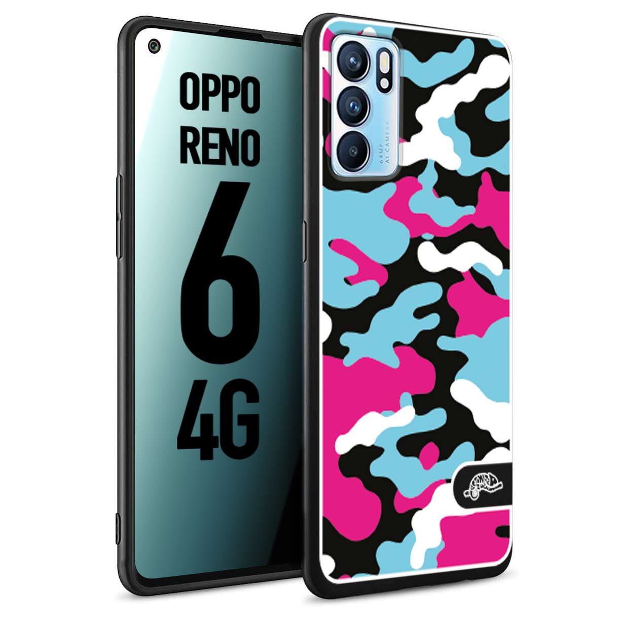 CUSTOMIZZA - Custodia cover nera morbida in tpu compatibile per Oppo Reno 6 4G camouflage mimetico militare fucsia celeste