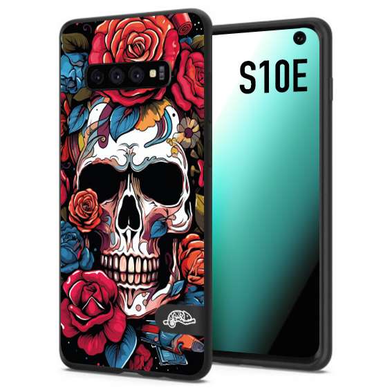 CUSTOMIZZA - Custodia cover nera morbida in tpu compatibile per Samsung S10E teschio skull flowers fiori rose rosse tattoo disegnato