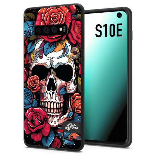 CUSTOMIZZA - Custodia cover nera morbida in tpu compatibile per Samsung S10E teschio skull flowers fiori rose rosse tattoo disegnato