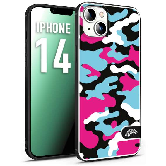 CUSTOMIZZA - Custodia cover nera morbida in tpu compatibile per iPhone 14 camouflage mimetico militare fucsia celeste