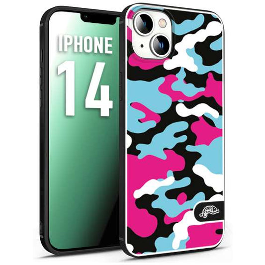 CUSTOMIZZA - Custodia cover nera morbida in tpu compatibile per iPhone 14 camouflage mimetico militare fucsia celeste