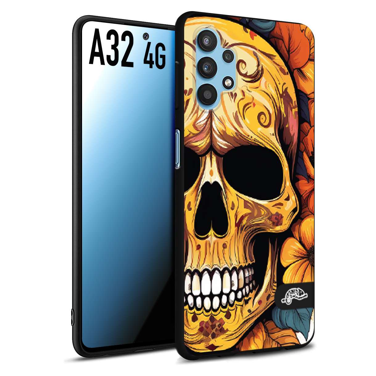 CUSTOMIZZA - Custodia cover nera morbida in tpu compatibile per Samsung A32 4G teschio messicano colorato dorato fiori autunnali disegnato