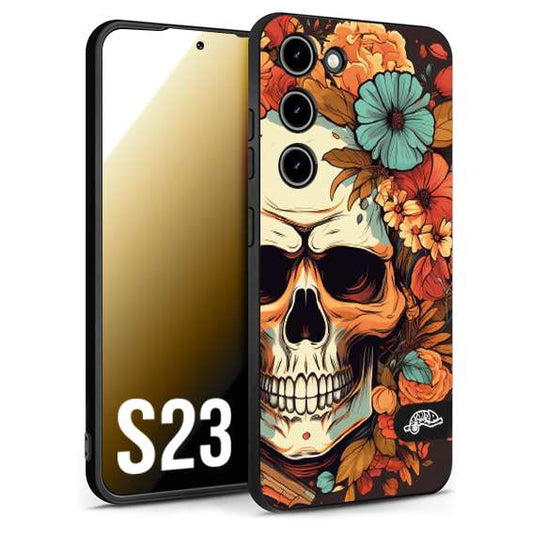 CUSTOMIZZA - Custodia cover nera morbida in tpu compatibile per Samsung S23 teschio skull flowers fiori autunnali arancio celeste tattoo