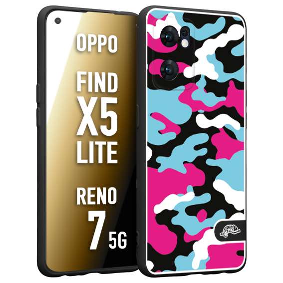 CUSTOMIZZA - Custodia cover nera morbida in tpu compatibile per Oppo Reno 7 - Find X5 LITE camouflage mimetico militare fucsia celeste