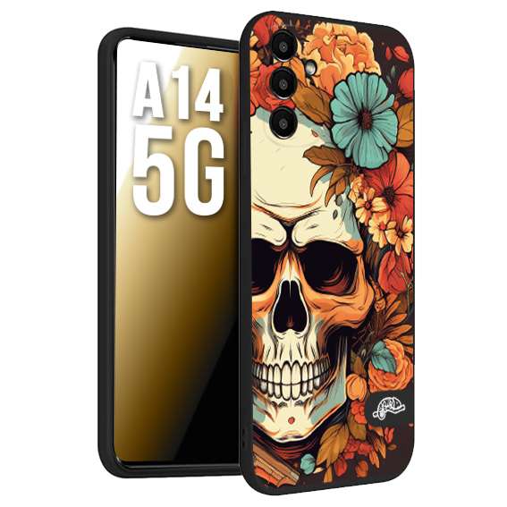 CUSTOMIZZA - Custodia cover nera morbida in tpu compatibile per Samsung A14 5G teschio skull flowers fiori autunnali arancio celeste tattoo