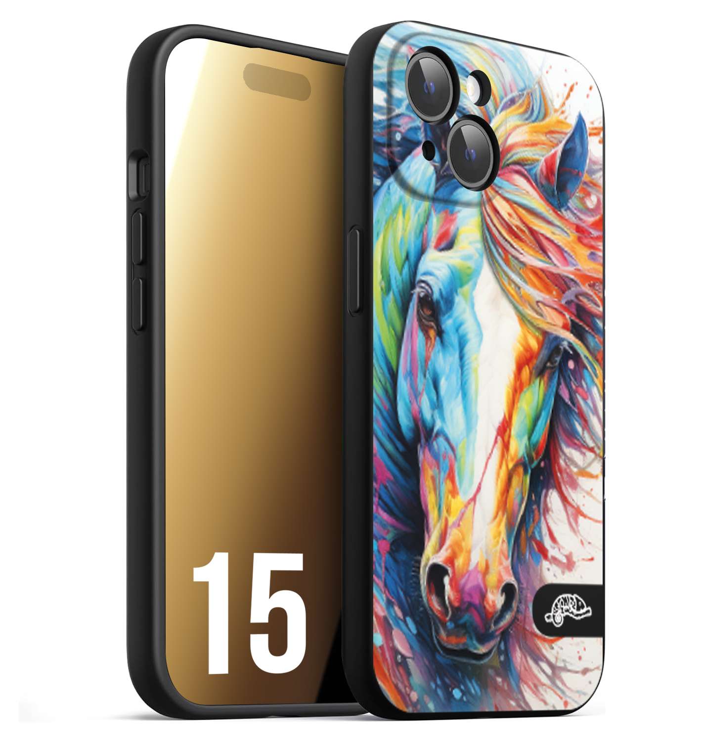 CUSTOMIZZA - Custodia cover nera morbida in tpu compatibile per iPhone 15 animali color cavallo horse viso colori vibranti disegnato schizzo