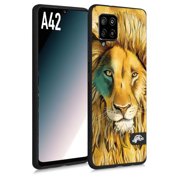 CUSTOMIZZA - Custodia cover nera morbida in tpu compatibile per Samsung A42 leone lion disegnato a mano giallo blu a rilievo artistico brown