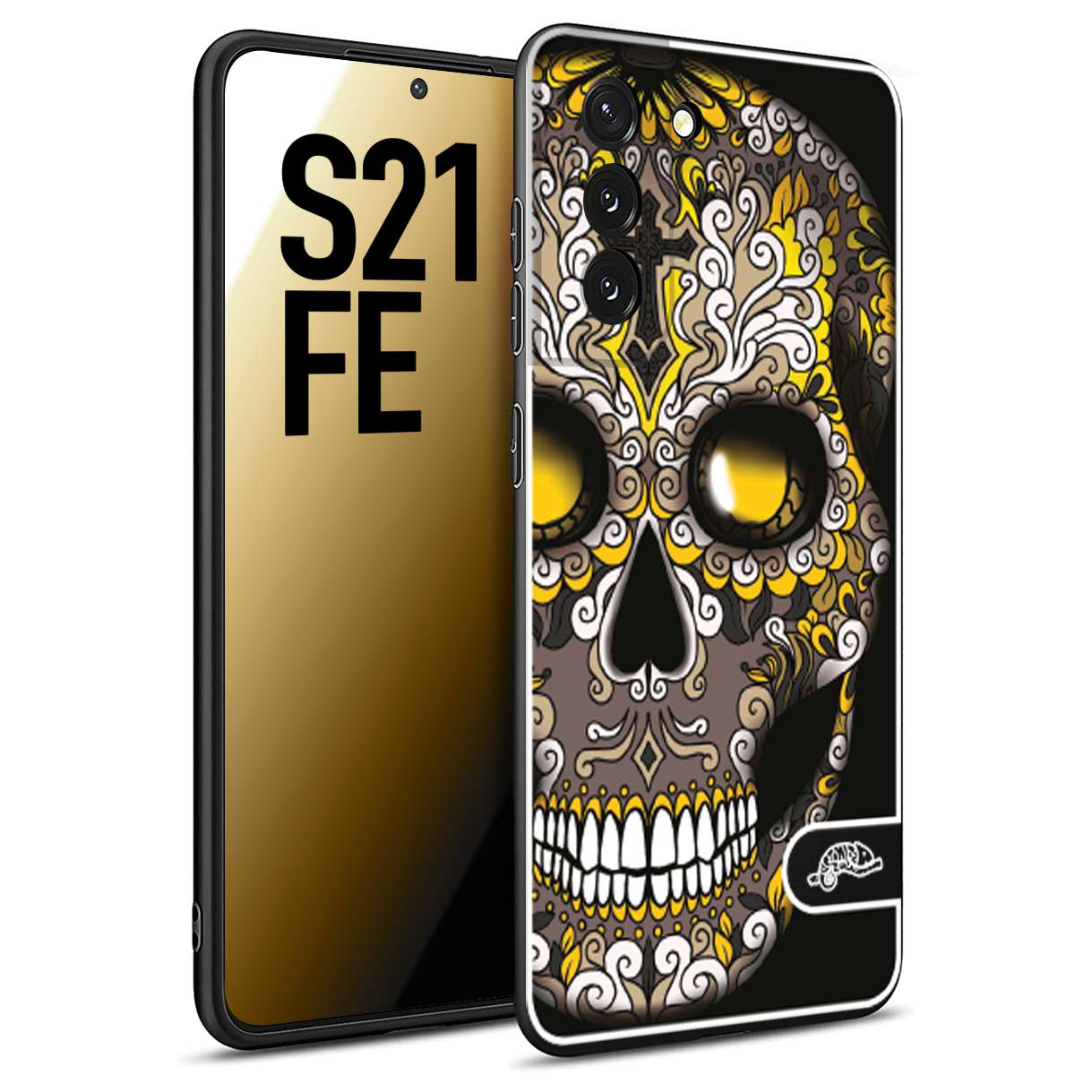 CUSTOMIZZA - Custodia cover nera morbida in tpu compatibile per Samsung S21 FE teschio messicano Mexican skull nero giallo