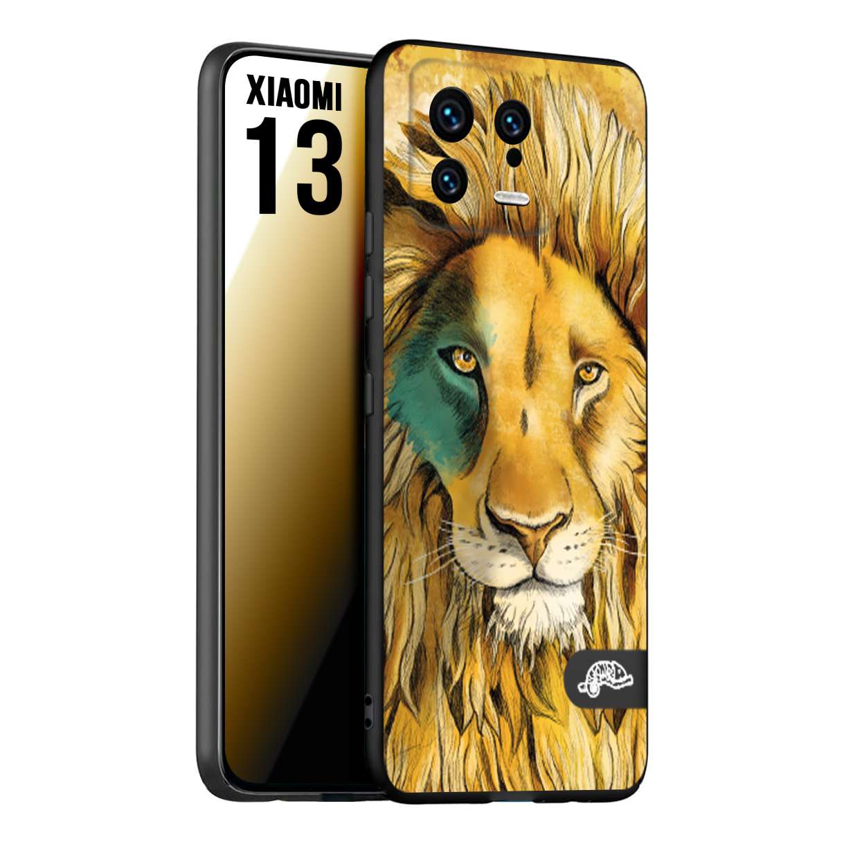 CUSTOMIZZA - Custodia cover nera morbida in tpu compatibile per Xiaomi 13 leone lion disegnato a mano giallo blu a rilievo artistico brown