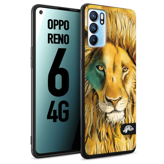 CUSTOMIZZA - Custodia cover nera morbida in tpu compatibile per Oppo Reno 6 4G leone lion disegnato a mano giallo blu a rilievo artistico brown