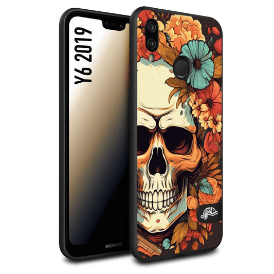 CUSTOMIZZA - Custodia cover nera morbida in tpu compatibile per Huawei Y6 2019 teschio skull flowers fiori autunnali arancio celeste tattoo