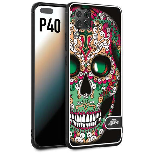 CUSTOMIZZA - Custodia cover nera morbida in tpu compatibile per Huawei P40 teschio messicano Mexican skull verde fucsia