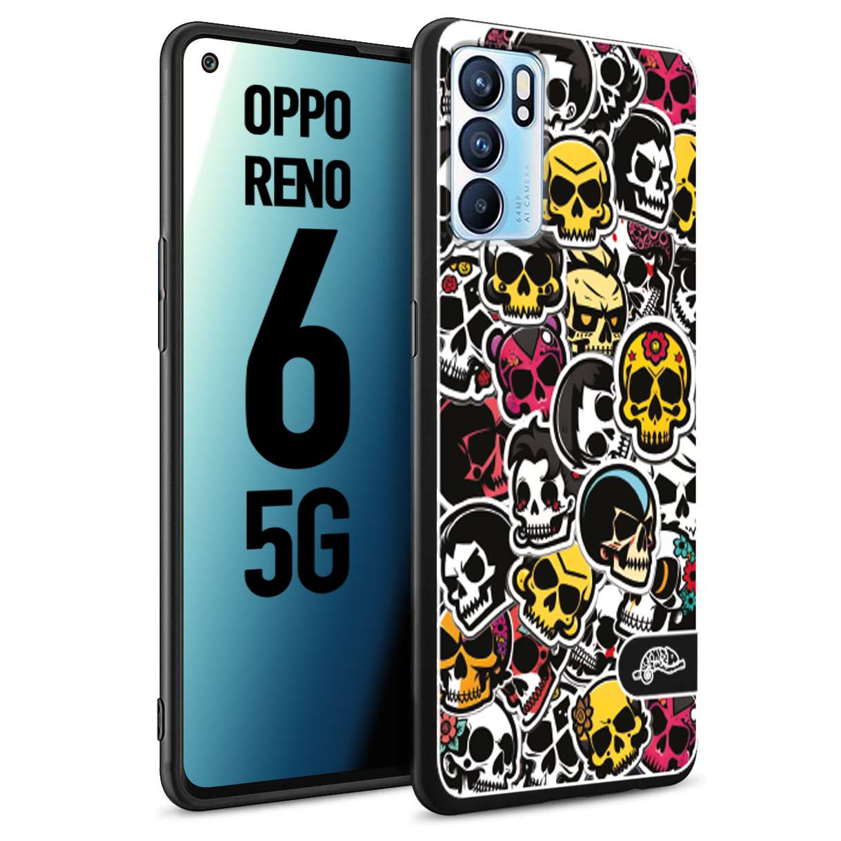 CUSTOMIZZA - Custodia cover nera morbida in tpu compatibile per Oppo Reno 6 5G sticker bomb teschi colorati adesivi skulls skater snowboard