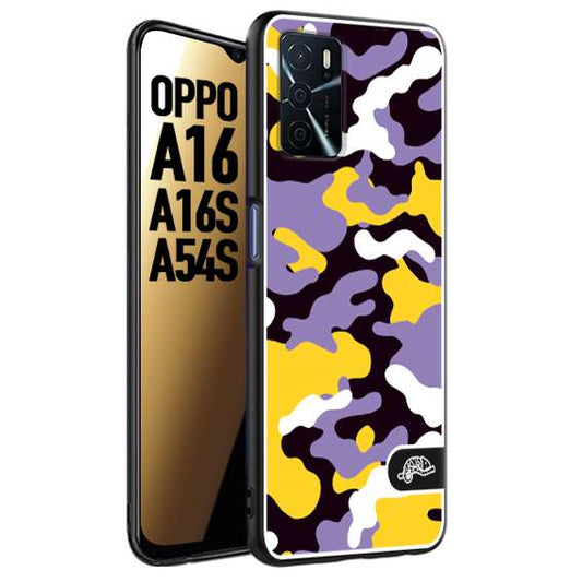 CUSTOMIZZA - Custodia cover nera morbida in tpu compatibile per Oppo A16 - A16S - A54S camouflage mimetico militare viola lilla giallo