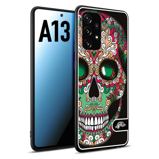 CUSTOMIZZA - Custodia cover nera morbida in tpu compatibile per Samsung A13 teschio messicano Mexican skull verde fucsia