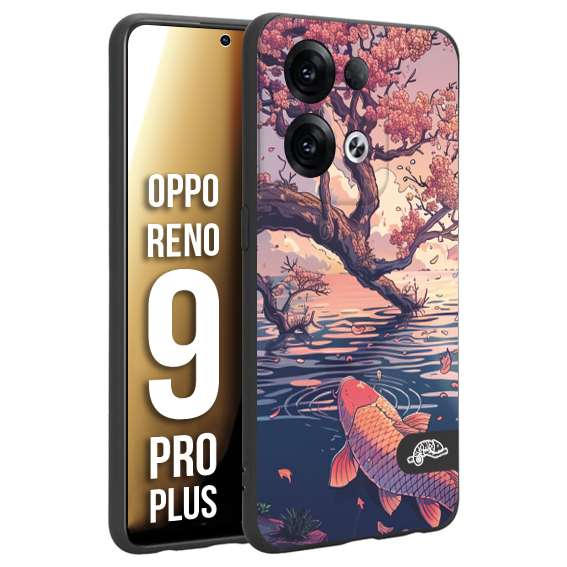 CUSTOMIZZA - Custodia cover nera morbida in tpu compatibile per Oppo Reno 9 PRO PLUS giapponese lago carpa koi rosa con foglie d'acero disegnata tattoo