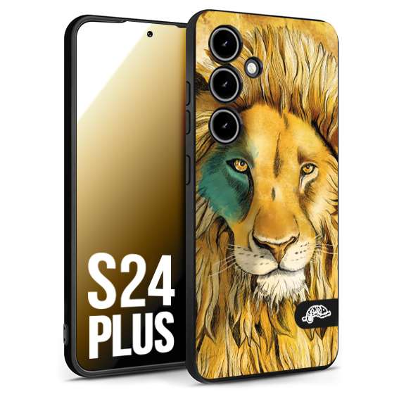 CUSTOMIZZA - Custodia cover nera morbida in tpu compatibile per Samsung S24 PLUS leone lion disegnato a mano giallo blu a rilievo artistico brown