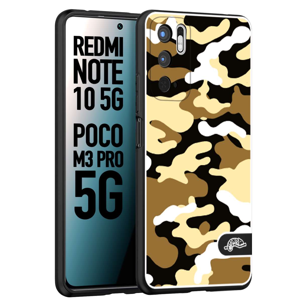 CUSTOMIZZA - Custodia cover nera morbida in tpu compatibile per Xiaomi Redmi Note 10 5G - Poco M3 Pro 5G camouflage mimetico militare giallo desert brown