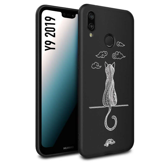 CUSTOMIZZA - Custodia cover nera morbida in tpu compatibile per Huawei Y9 2019 gatto mandala stilizzato gattino a rilievo soft touch donna bianca