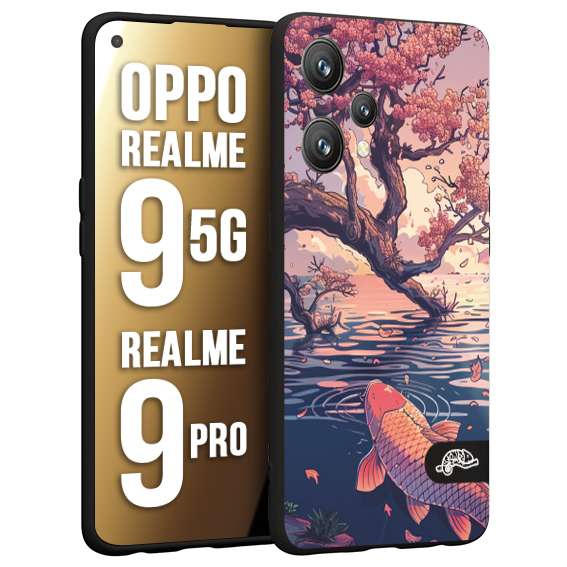 CUSTOMIZZA - Custodia cover nera morbida in tpu compatibile per Oppo Realme 9 5G - 9 PRO giapponese lago carpa koi rosa con foglie d'acero disegnata tattoo