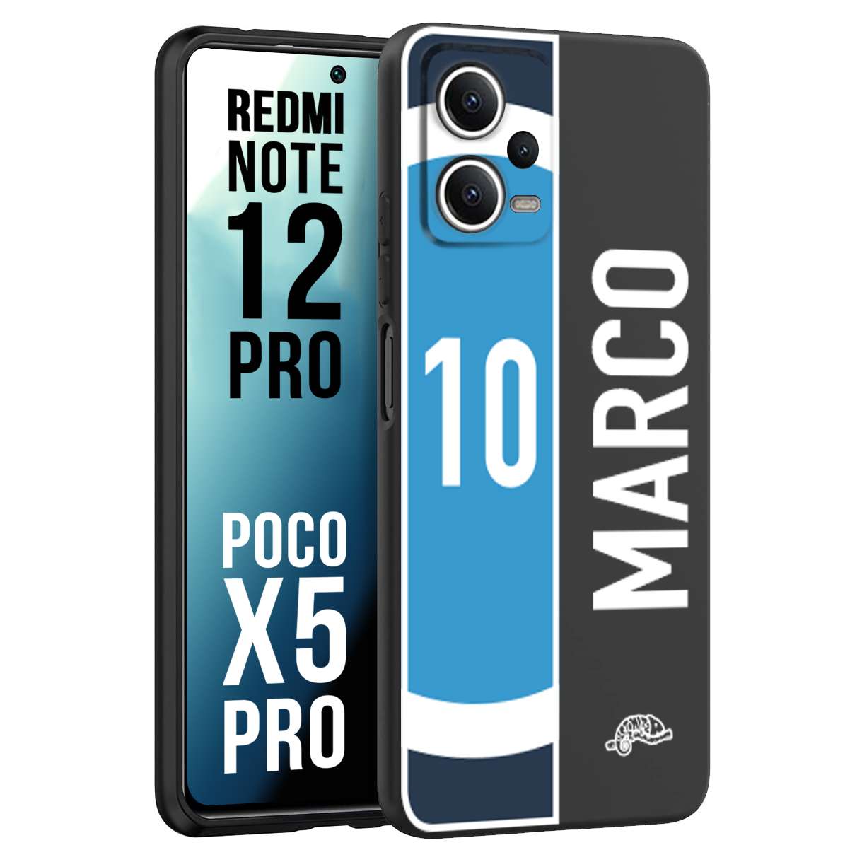 CUSTOMIZZA - Custodia cover nera morbida in tpu compatibile per Xiaomi Redmi Note 12 PRO - POCO X5 PRO personalizzata calcio football nome e numero calciatori biancoazzurri bianco celesti