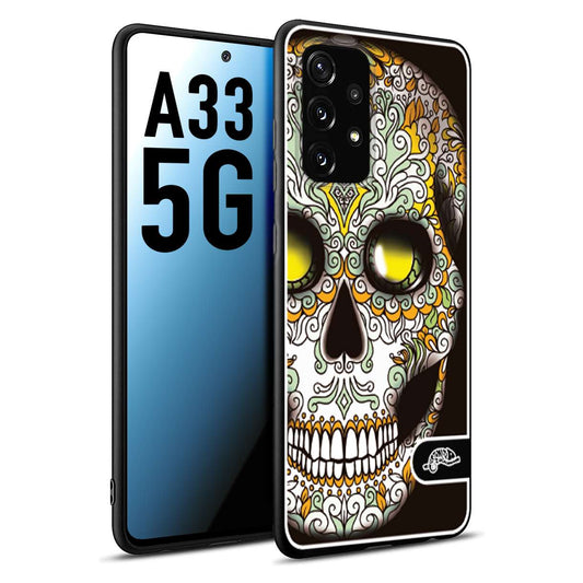 CUSTOMIZZA - Custodia cover nera morbida in tpu compatibile per Samsung A33 5G teschio messicano Mexican skull bianco verde giallo