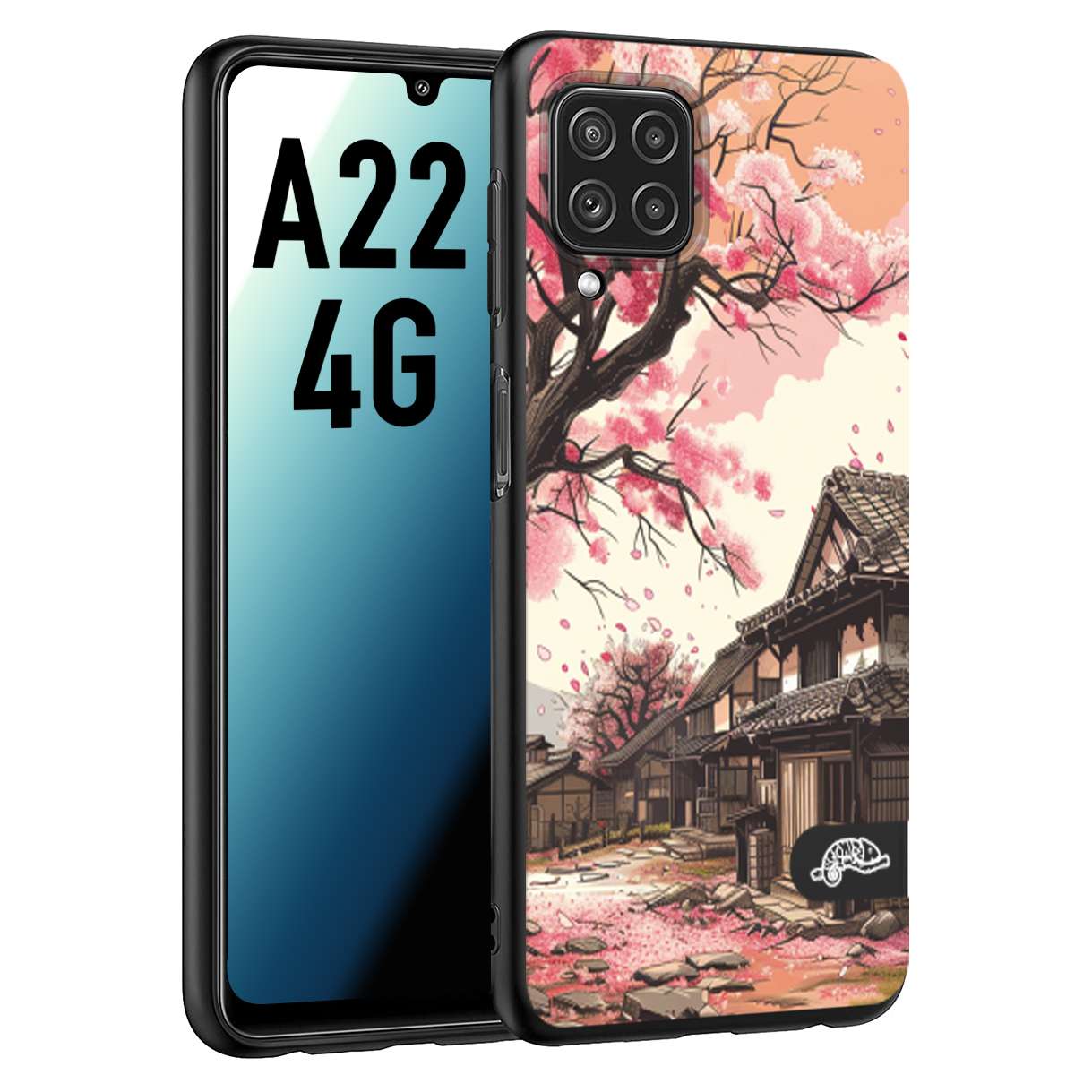 CUSTOMIZZA - Custodia cover nera morbida in tpu compatibile per Samsung A22 4G casa giapponese rosa ciliegio in fiore disegnata tattoo