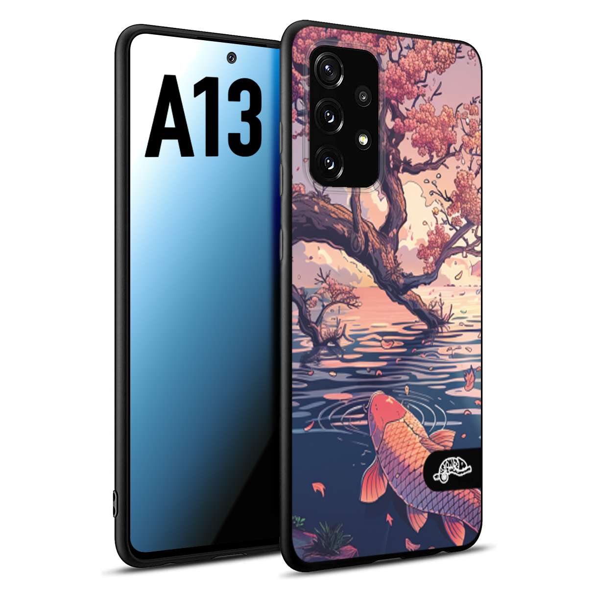 CUSTOMIZZA - Custodia cover nera morbida in tpu compatibile per Samsung A13 giapponese lago carpa koi rosa con foglie d'acero disegnata tattoo