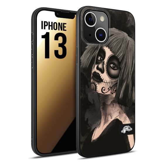 CUSTOMIZZA - Custodia cover nera morbida in tpu compatibile per iPhone 13 chicana messicana dea de la muerte donna santa tattoo disegnata