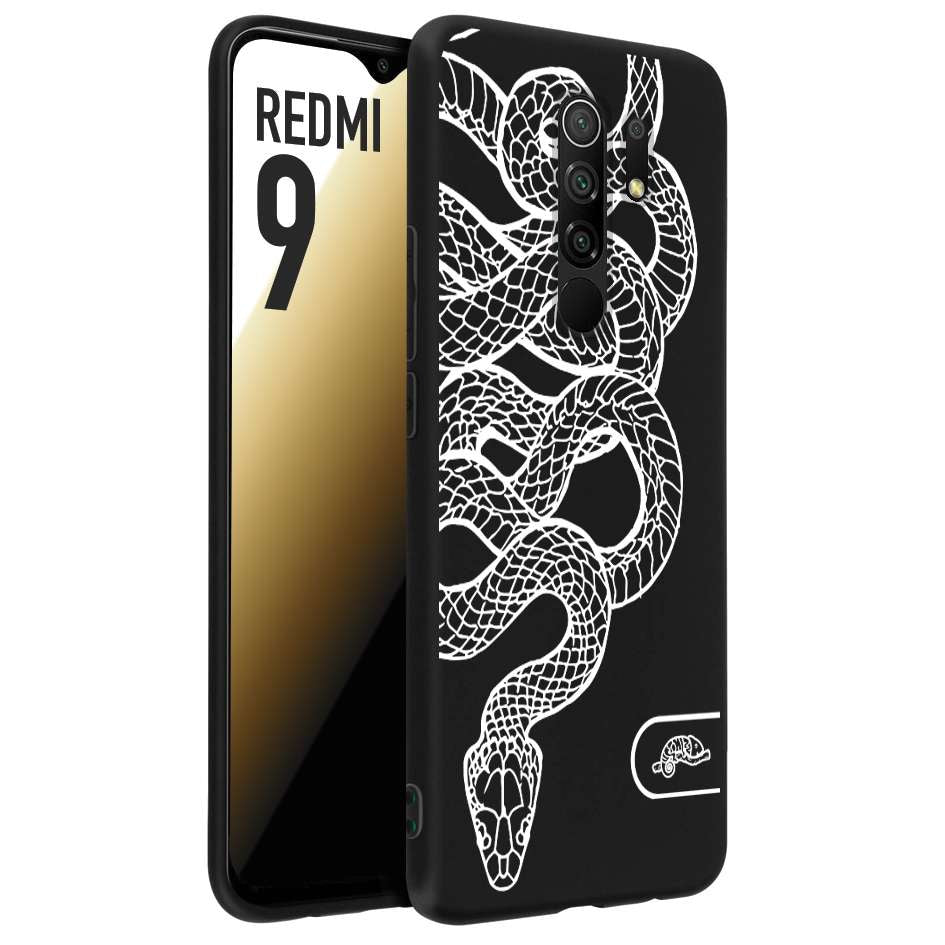 CUSTOMIZZA - Custodia cover nera morbida in tpu compatibile per Xiaomi Redmi 9 serpente snake bianco a rilievo disegnato tattoo tatuaggio