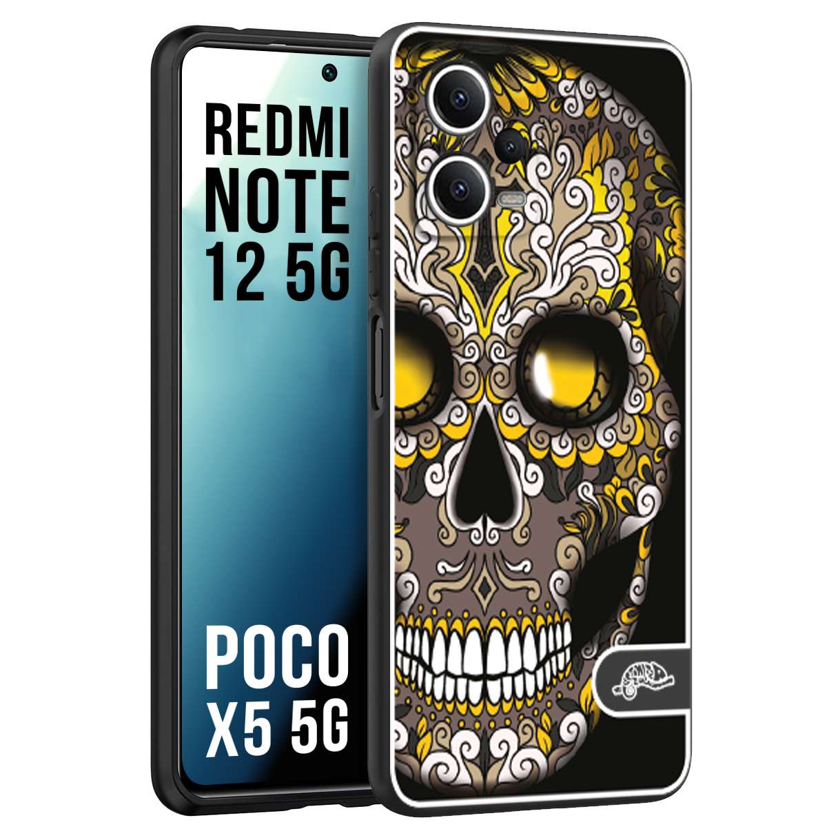 CUSTOMIZZA - Custodia cover nera morbida in tpu compatibile per Xiaomi Redmi Note 12 - POCO X5 5G teschio messicano Mexican skull nero giallo