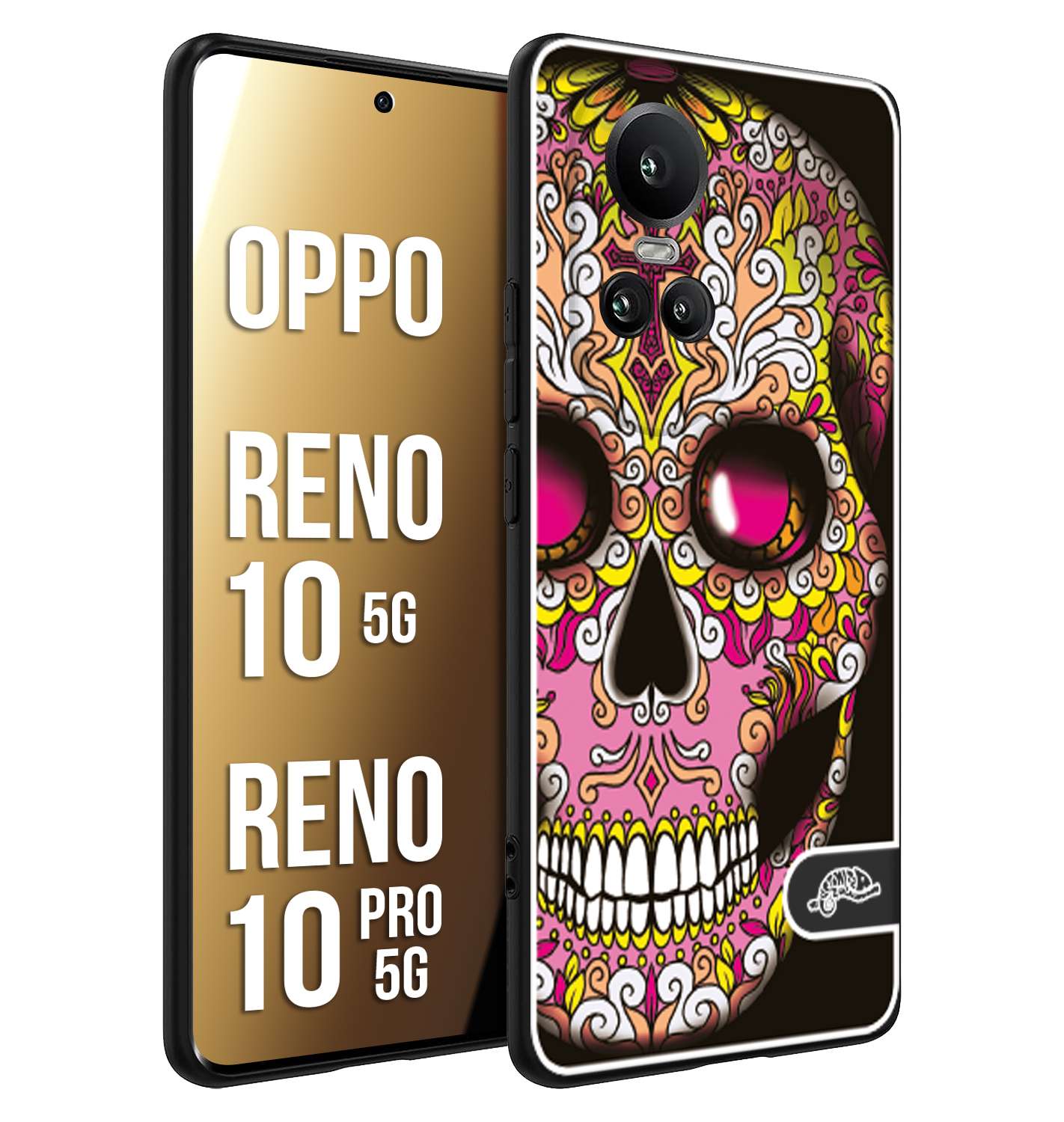 CUSTOMIZZA - Custodia cover nera morbida in tpu compatibile per Oppo Reno 10 5G - 10 PRO 5G teschio messicano Mexican skull rosa gialla