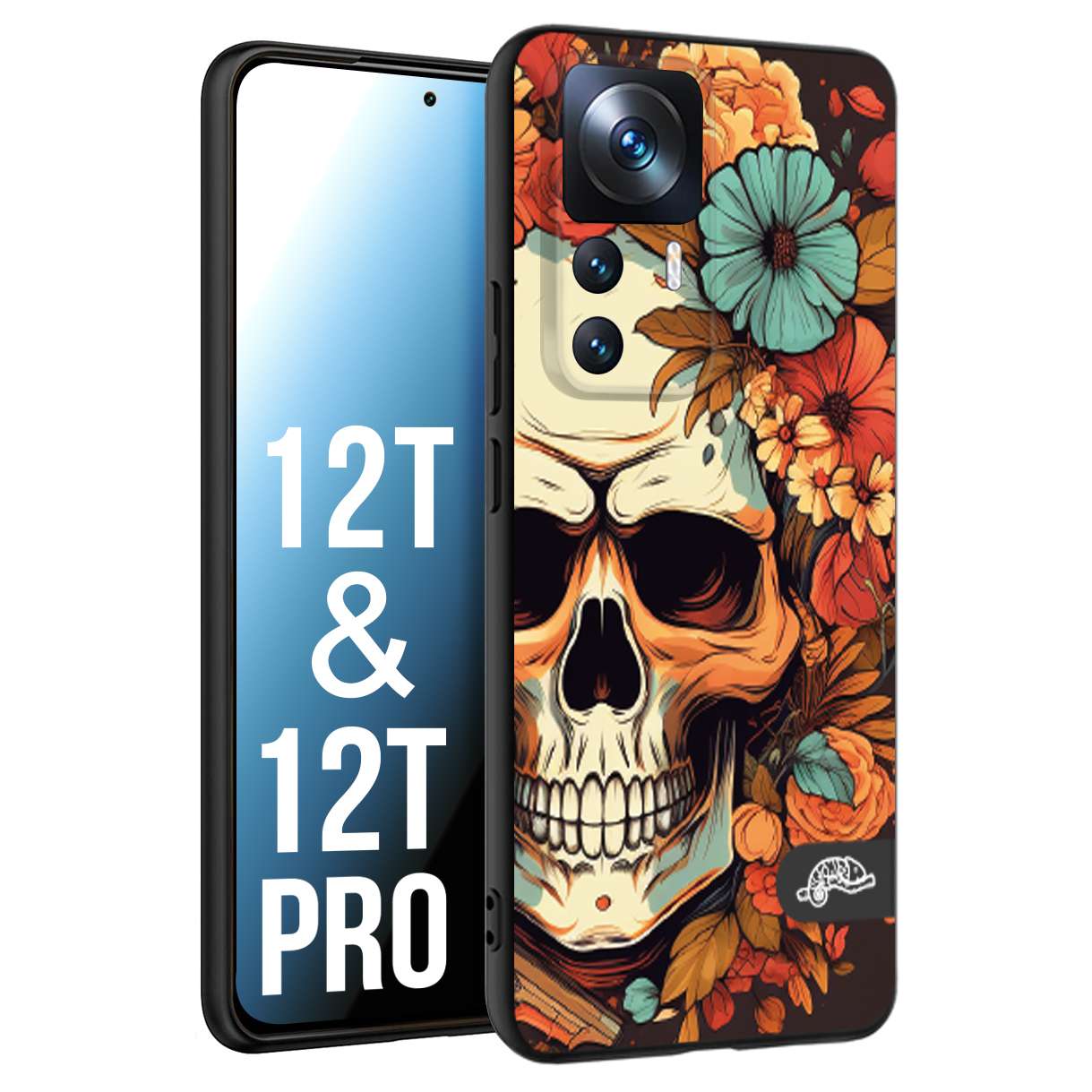 CUSTOMIZZA - Custodia cover nera morbida in tpu compatibile per Xiaomi 12T - 12T PRO teschio skull flowers fiori autunnali arancio celeste tattoo