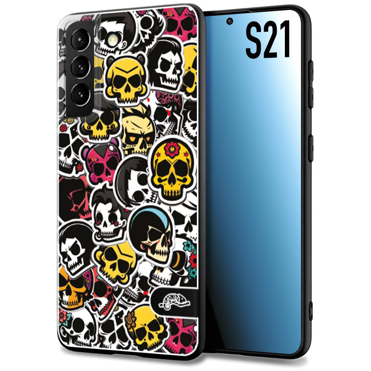 CUSTOMIZZA - Custodia cover nera morbida in tpu compatibile per Samsung S21 sticker bomb teschi colorati adesivi skulls skater snowboard