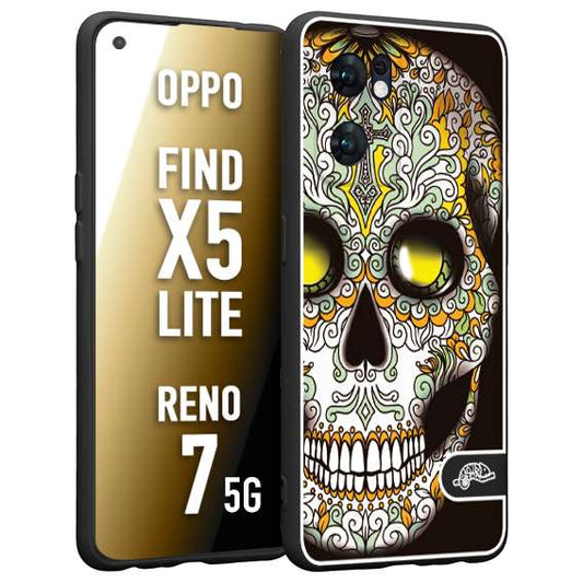 CUSTOMIZZA - Custodia cover nera morbida in tpu compatibile per Oppo Reno 7 - Find X5 LITE teschio messicano Mexican skull bianco verde giallo
