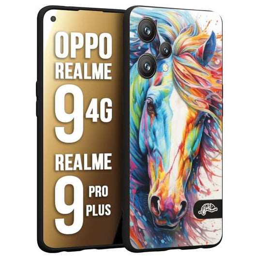 CUSTOMIZZA - Custodia cover nera morbida in tpu compatibile per Oppo Realme 9 4G - 9 PRO PLUS animali color cavallo horse viso colori vibranti disegnato schizzo