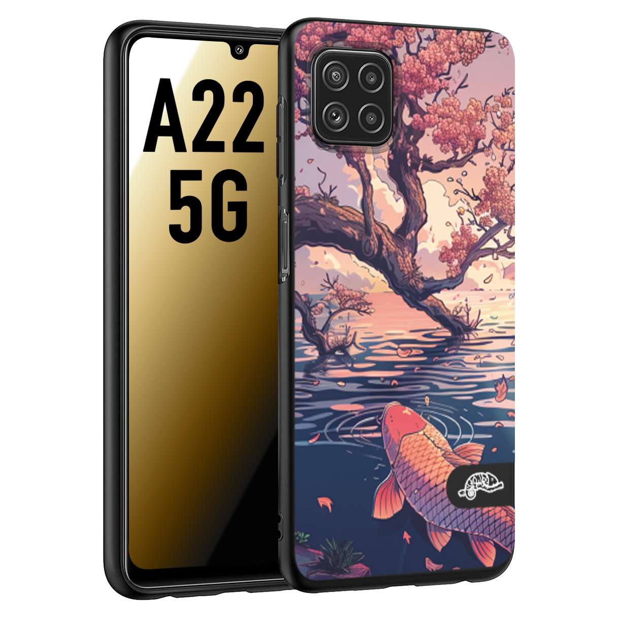 CUSTOMIZZA - Custodia cover nera morbida in tpu compatibile per Samsung A22 5G giapponese lago carpa koi rosa con foglie d'acero disegnata tattoo