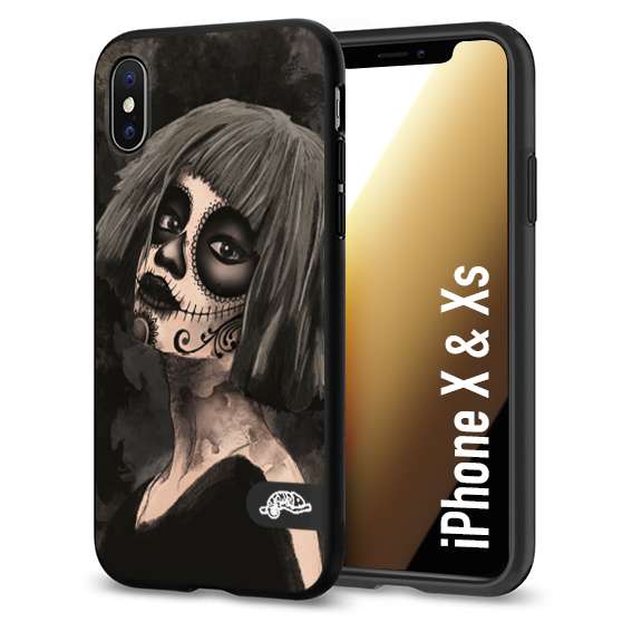 CUSTOMIZZA - Custodia cover nera morbida in tpu compatibile per iPhone X - Xs chicana messicana dea de la muerte donna santa tattoo disegnata