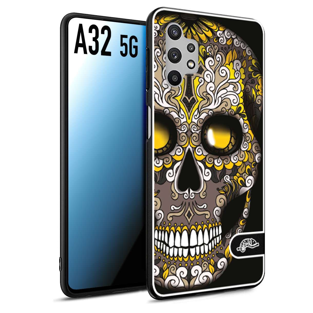 CUSTOMIZZA - Custodia cover nera morbida in tpu compatibile per Samsung A32 5G teschio messicano Mexican skull nero giallo